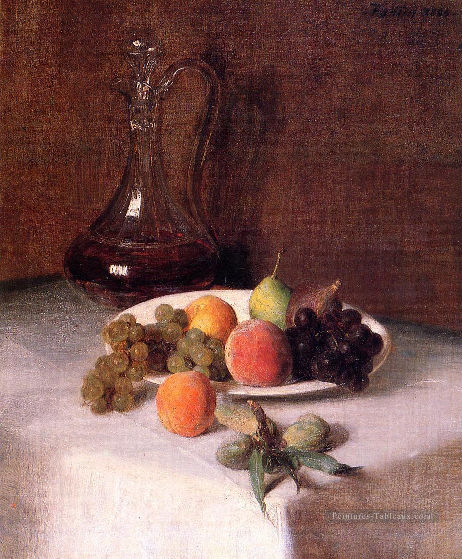 Une carafe de vin et une assiette de fruits sur une nappe blanche Henri Fantin Latour Peintures à l'huile